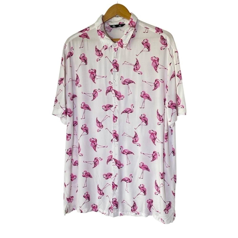 JAY JAYS Men's size XL White Pink Casual Button Down Shirt resort Flamingo Print